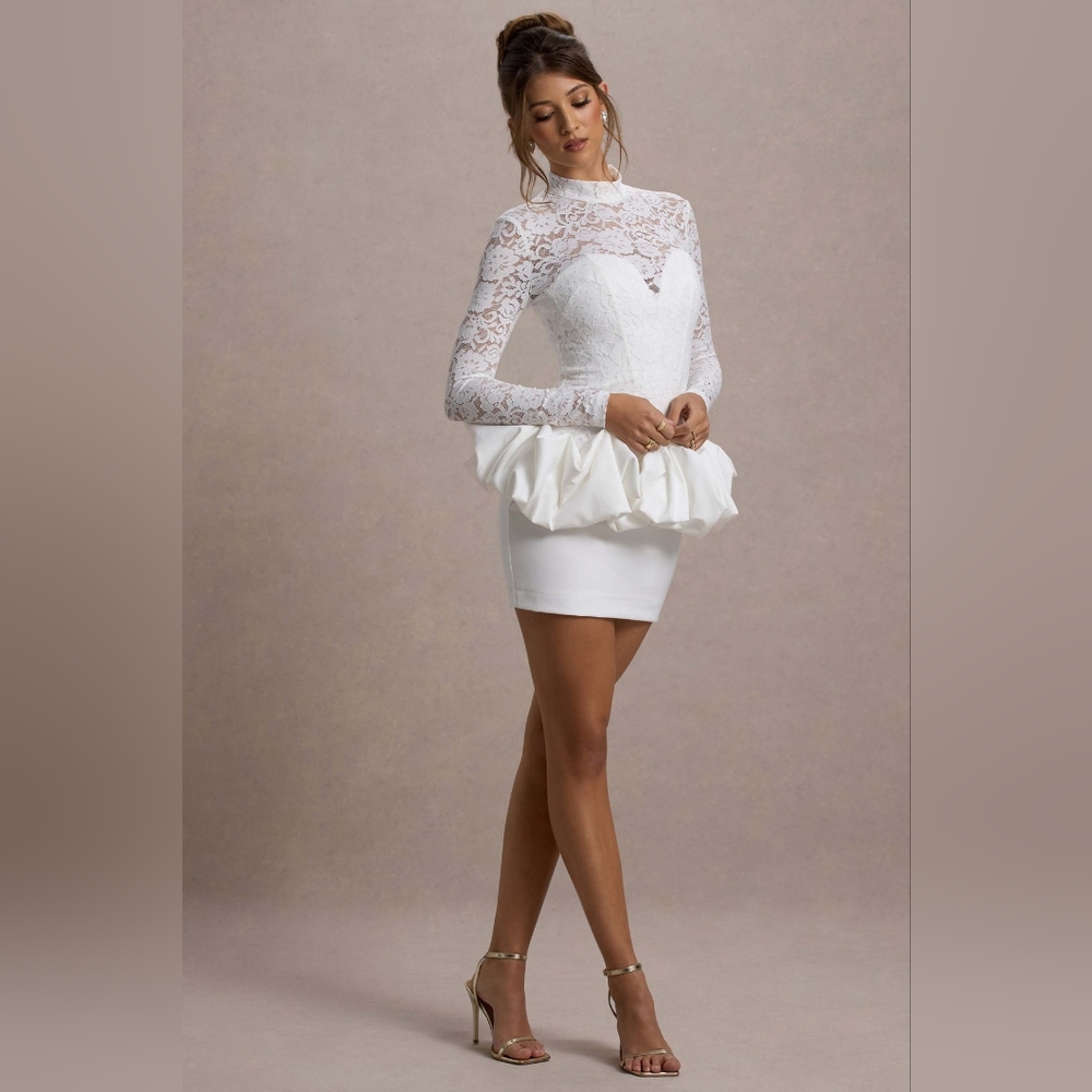 NWT Club London Antheia White Lace Long-Sleeve Peplum Mini Dress US Size 2 - Picture 9 of 11